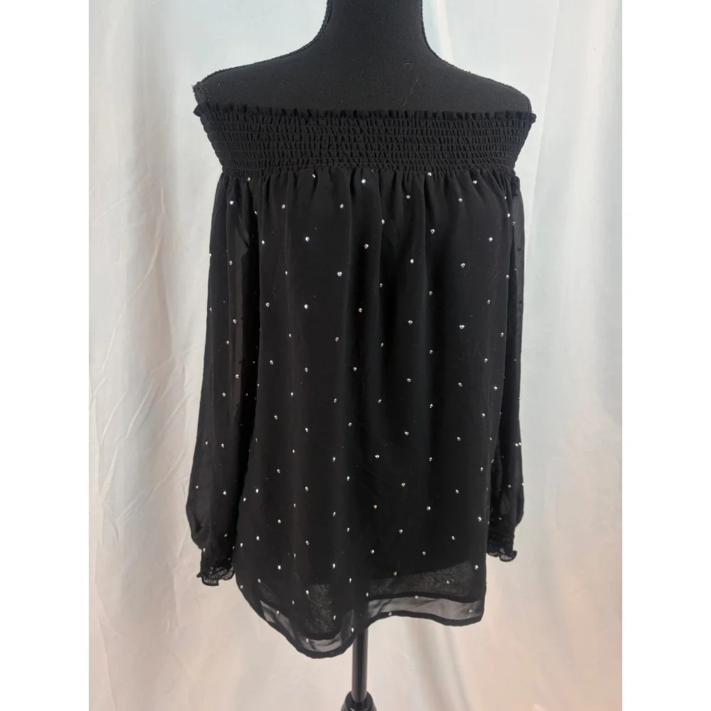 Black Off Shoulder Rhinestone Embellished Smocked Blouse Long Sleeve Size‎ Small